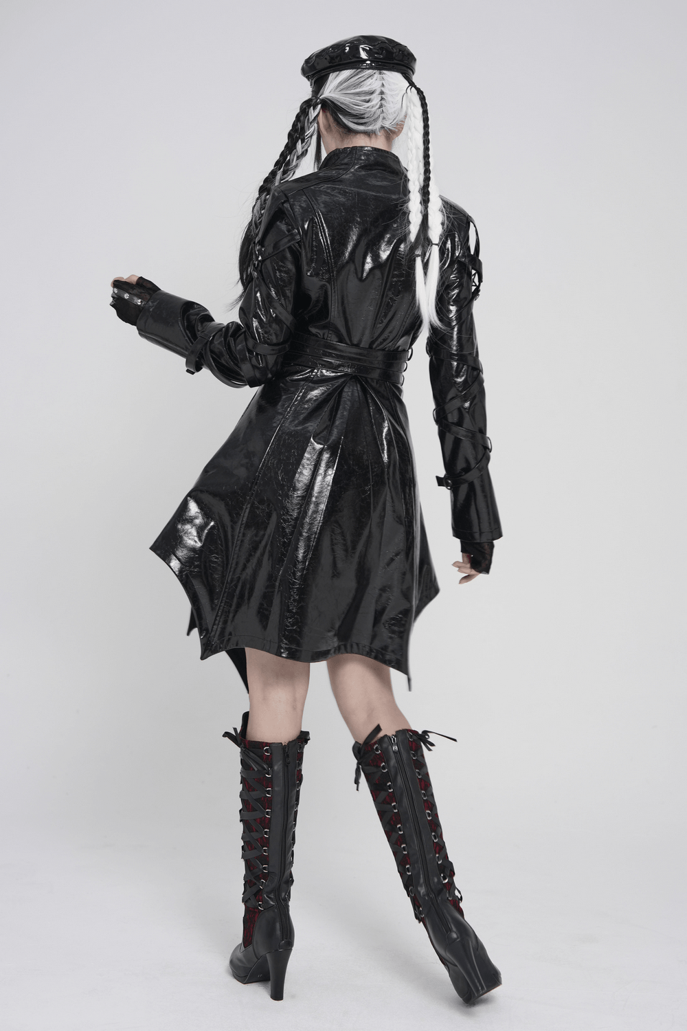 Women's Cyberpunk Patent Look Trench with Buckles showcased in glossy faux leather with layered buckle panels.