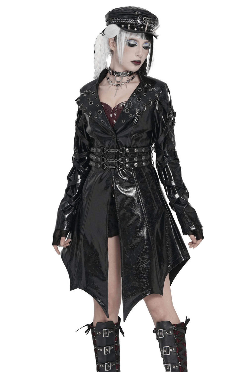 Women's Cyberpunk Patent Look Trench with Buckles showcased in glossy faux leather with dramatic pointed asymmetric hem.