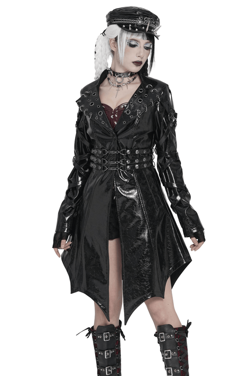 Women's Cyberpunk Patent Look Trench with Buckles
