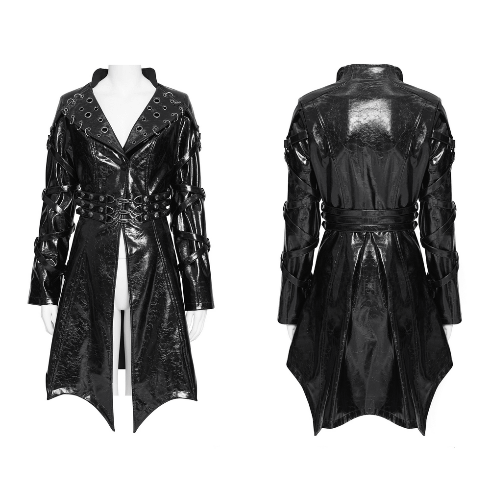 Women's Cyberpunk Patent Look Trench with Buckles featuring glossy faux leather, eyelet lapels and layered buckle panels.
