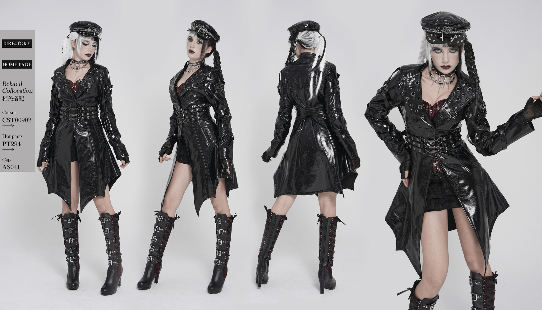 Women's Cyberpunk Patent Look Trench with Buckles displayed on model, showcasing glossy faux leather and dramatic design.