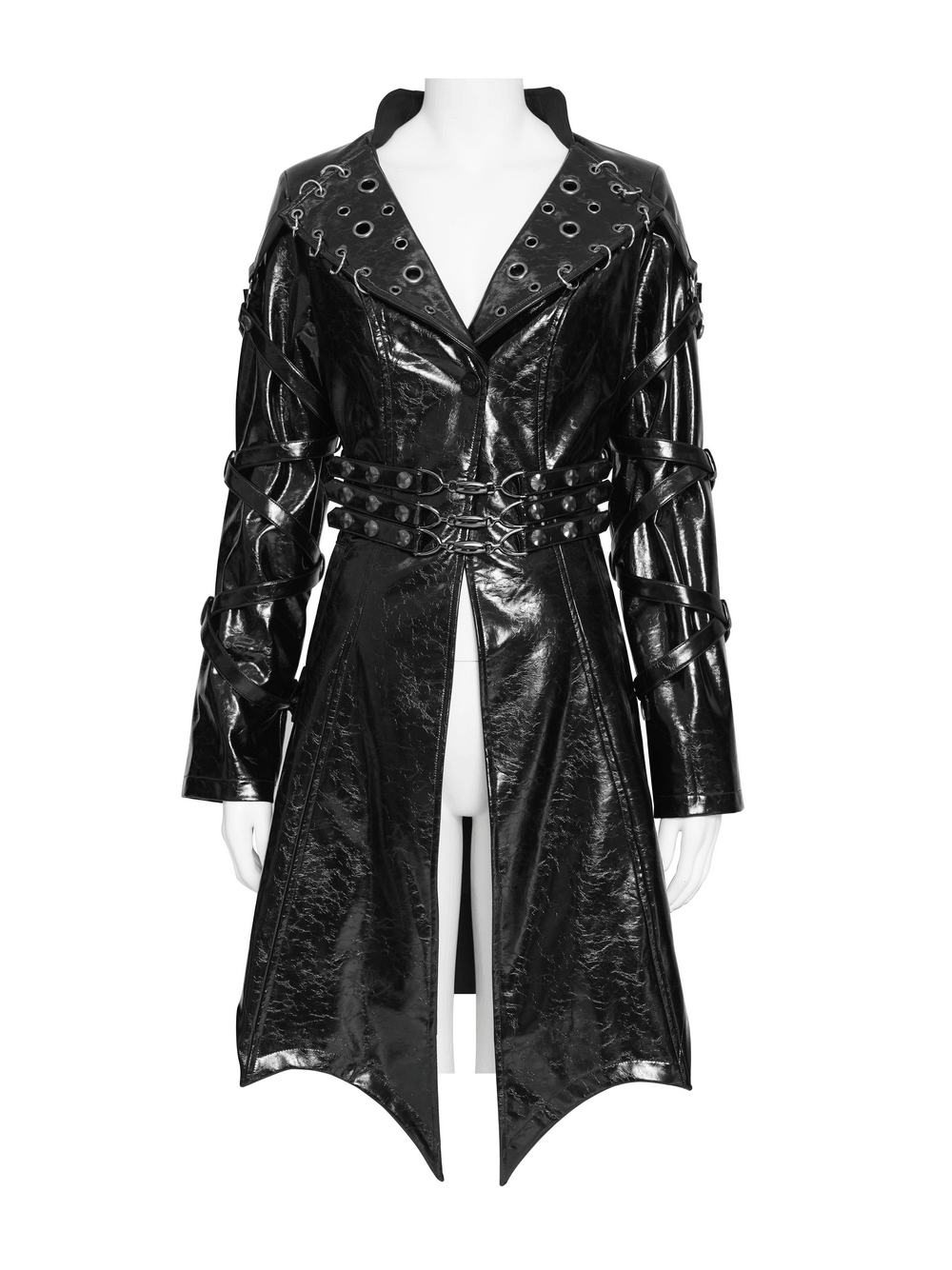 Women's Cyberpunk Patent Look Trench with Buckles featuring glossy faux leather and layered buckle panels.