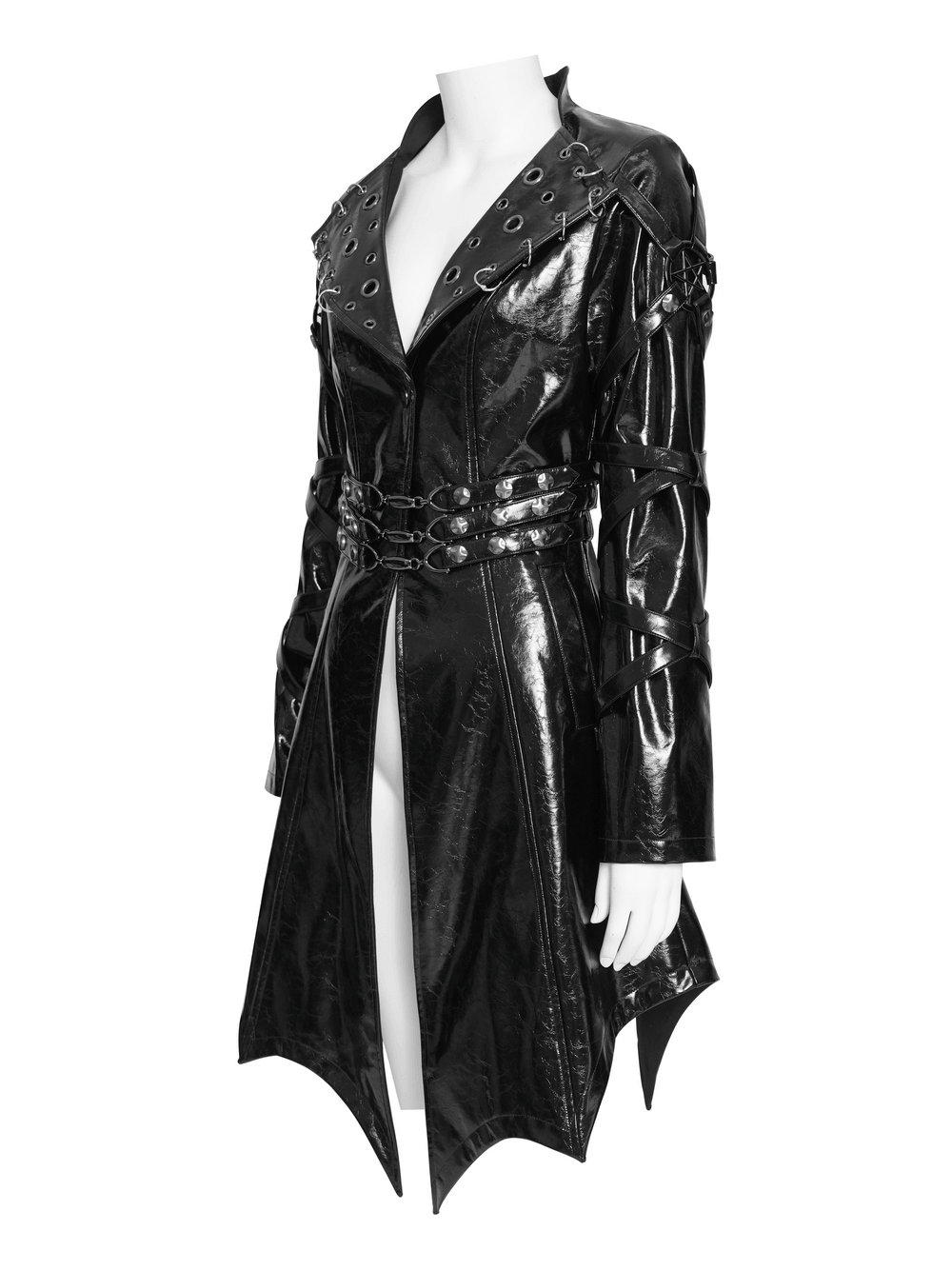 Women's Cyberpunk Patent Look Trench with Buckles displayed on a mannequin with glossy faux leather finish.
