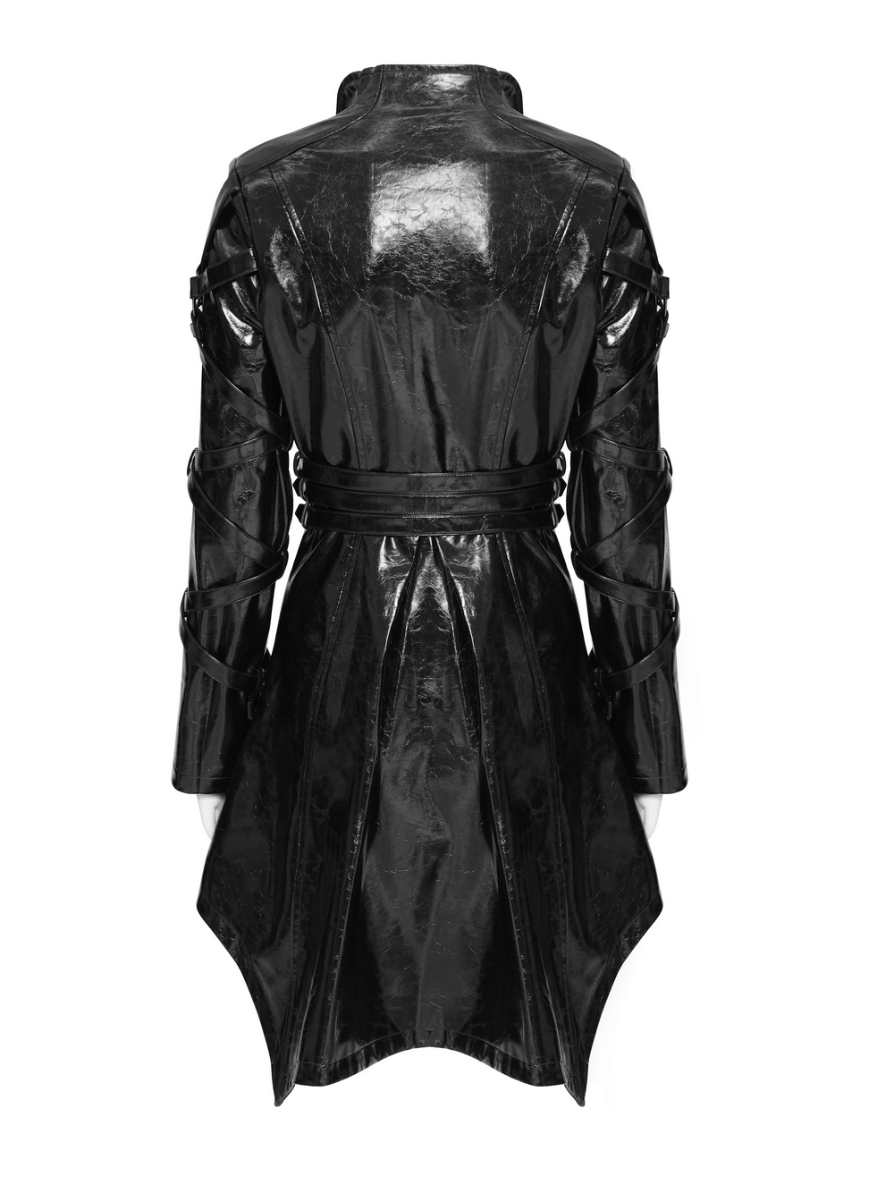 Women's Cyberpunk Patent Look Trench with Buckles showcasing the back view with glossy faux leather and layered buckle panels.