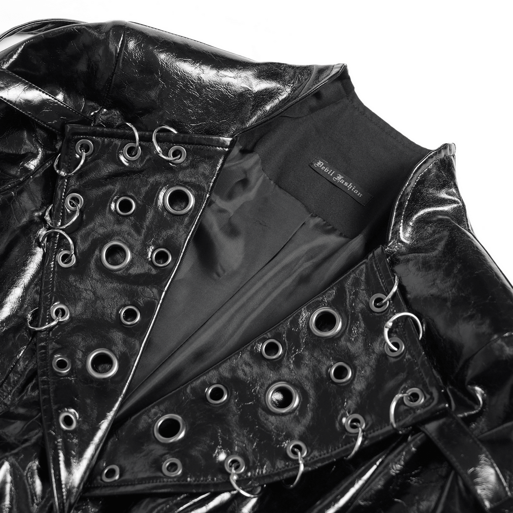 Women's Cyberpunk Patent Look Trench with Buckles showcasing glossy faux leather and eyelet lapels.