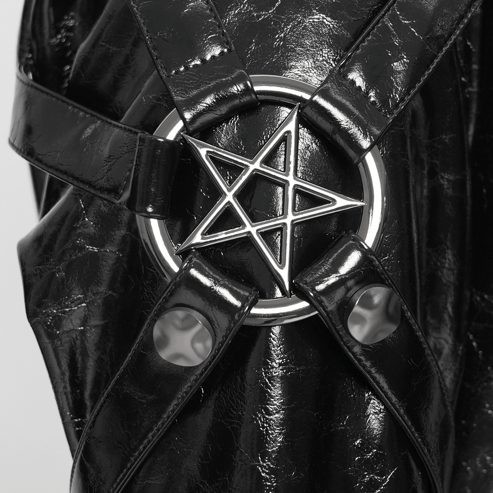 Close-up of Women's Cyberpunk Patent Look Trench with Buckles featuring a star-shaped metal detail and glossy black material.