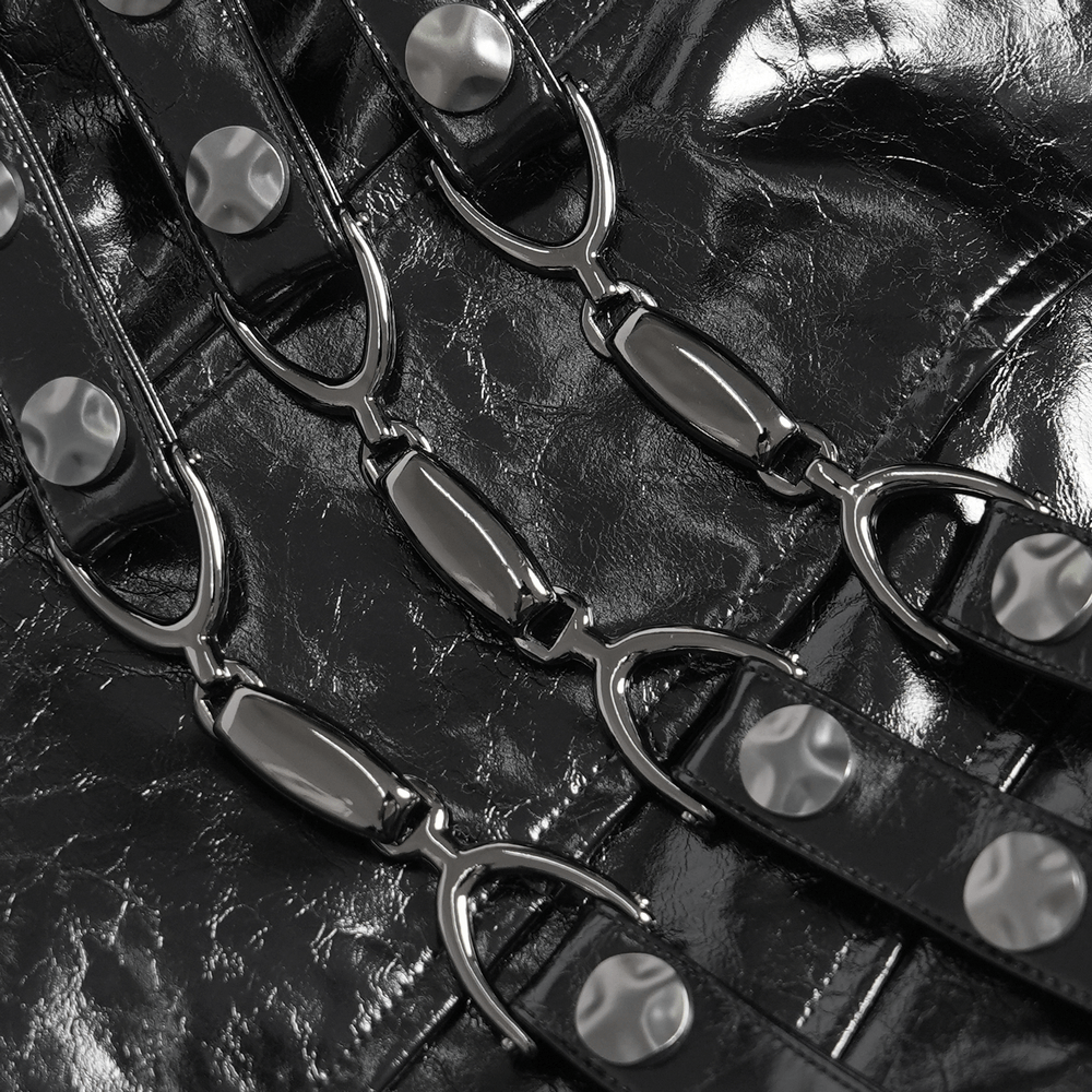 Women's Cyberpunk Patent Look Trench with Buckles detail featuring glossy faux leather straps and metallic accents.