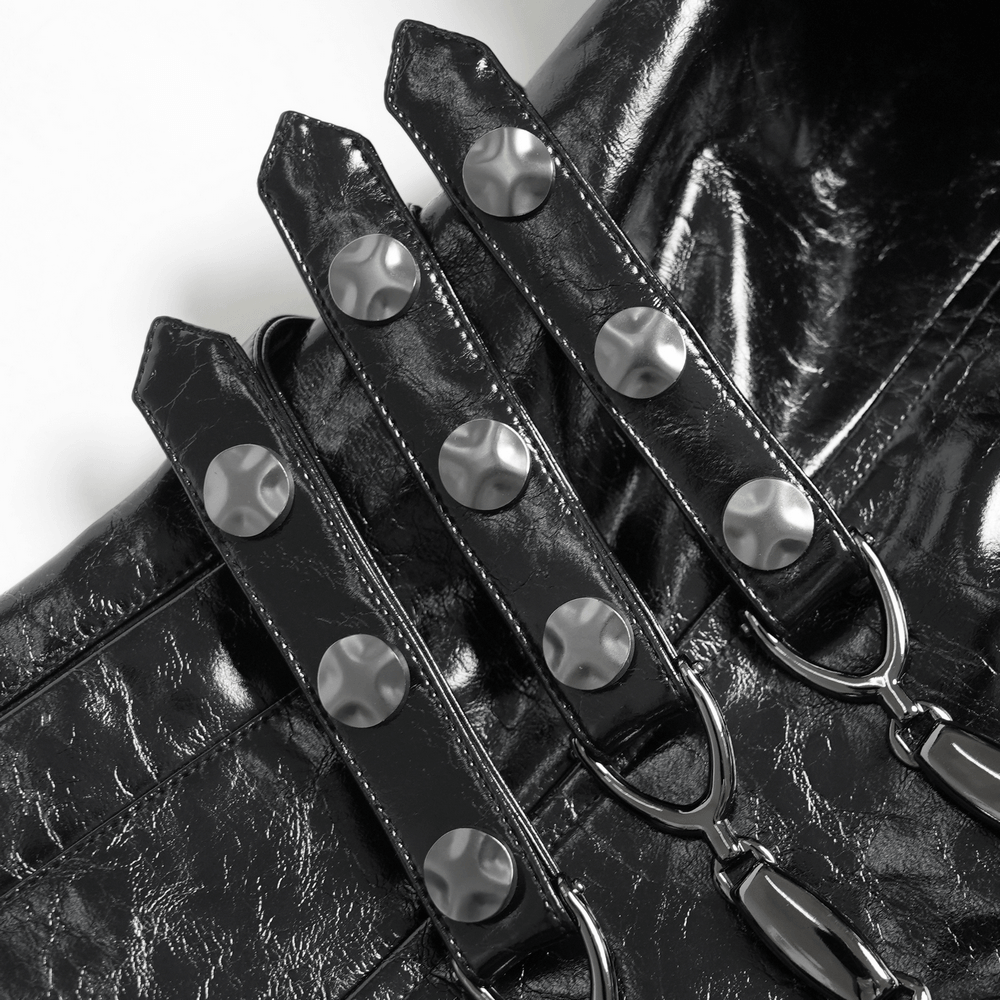 Close-up of buckles on Women's Cyberpunk Patent Look Trench with Buckles showcasing glossy faux leather details.