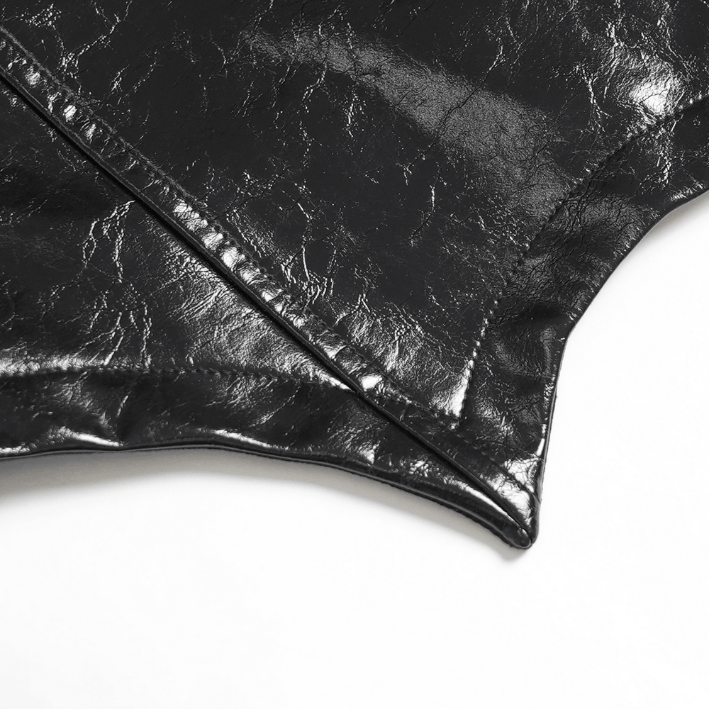 Close-up of the glossy fabric of the Women's Cyberpunk Patent Look Trench with Buckles, showing intricate detailing.