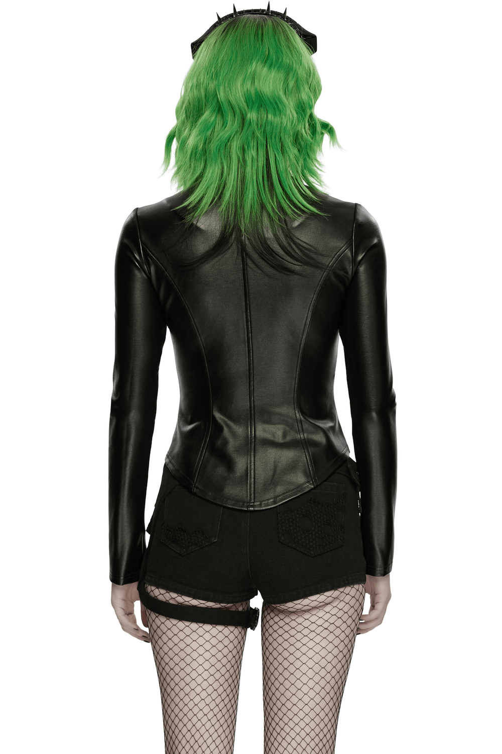 Back view of Women's Cyberpunk Rubberized Knit Moto Jacket showcasing sleek design and textured fabric.