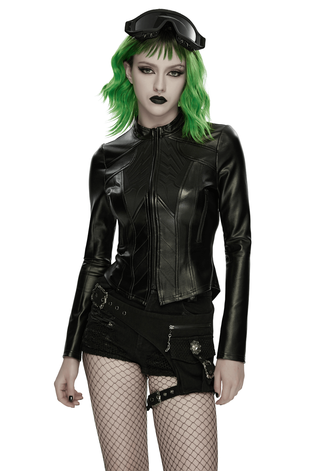 Women's Cyberpunk Rubberized Knit Moto Jacket in black with geometric design and edgy accessories.