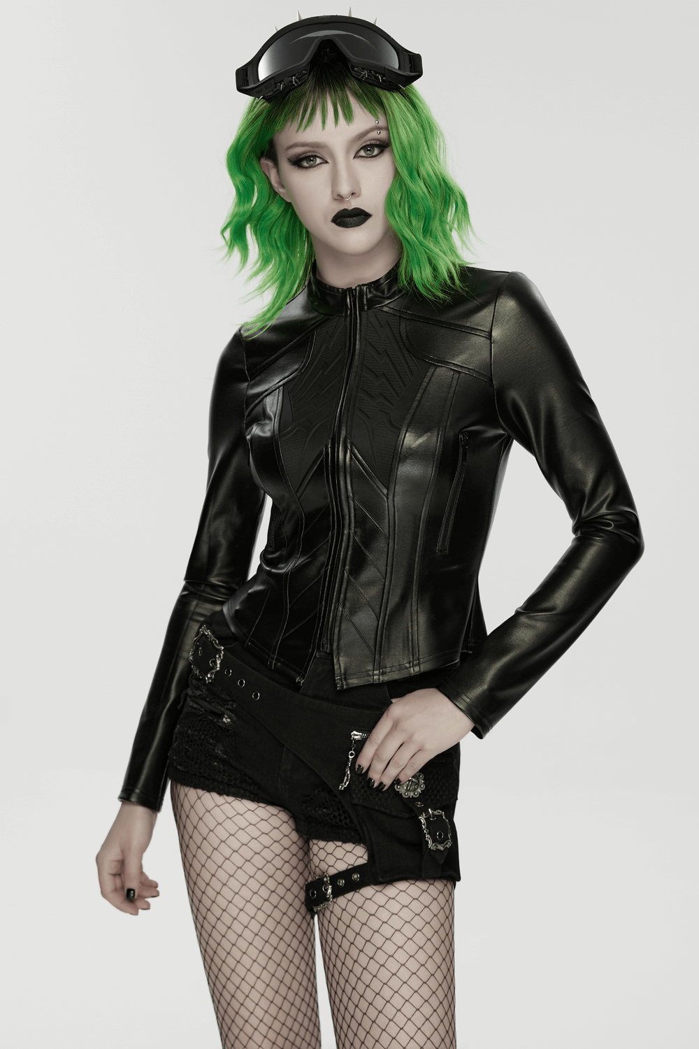 Women in a Women's Cyberpunk Rubberized Knit Moto Jacket with green hair and edgy accessories.