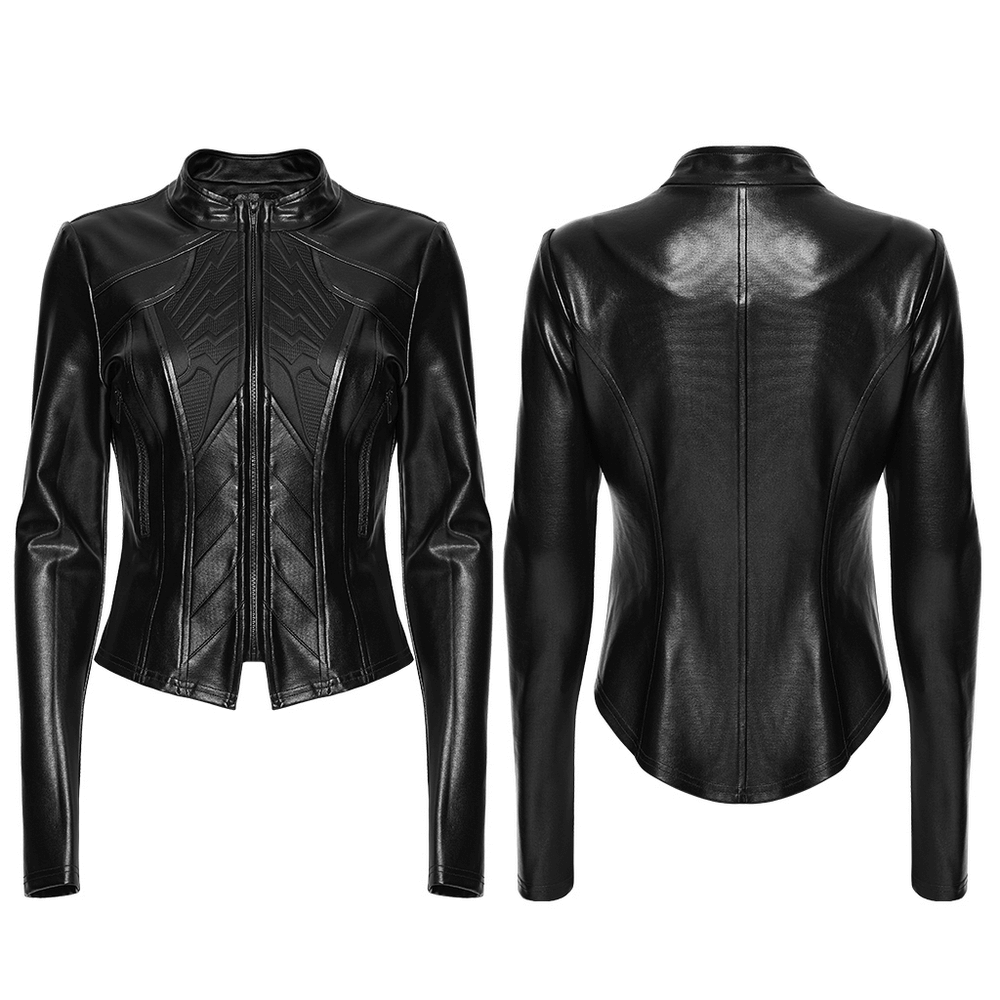 Women's Cyberpunk Rubberized Knit Moto Jacket featuring a sleek black design and futuristic paneling.