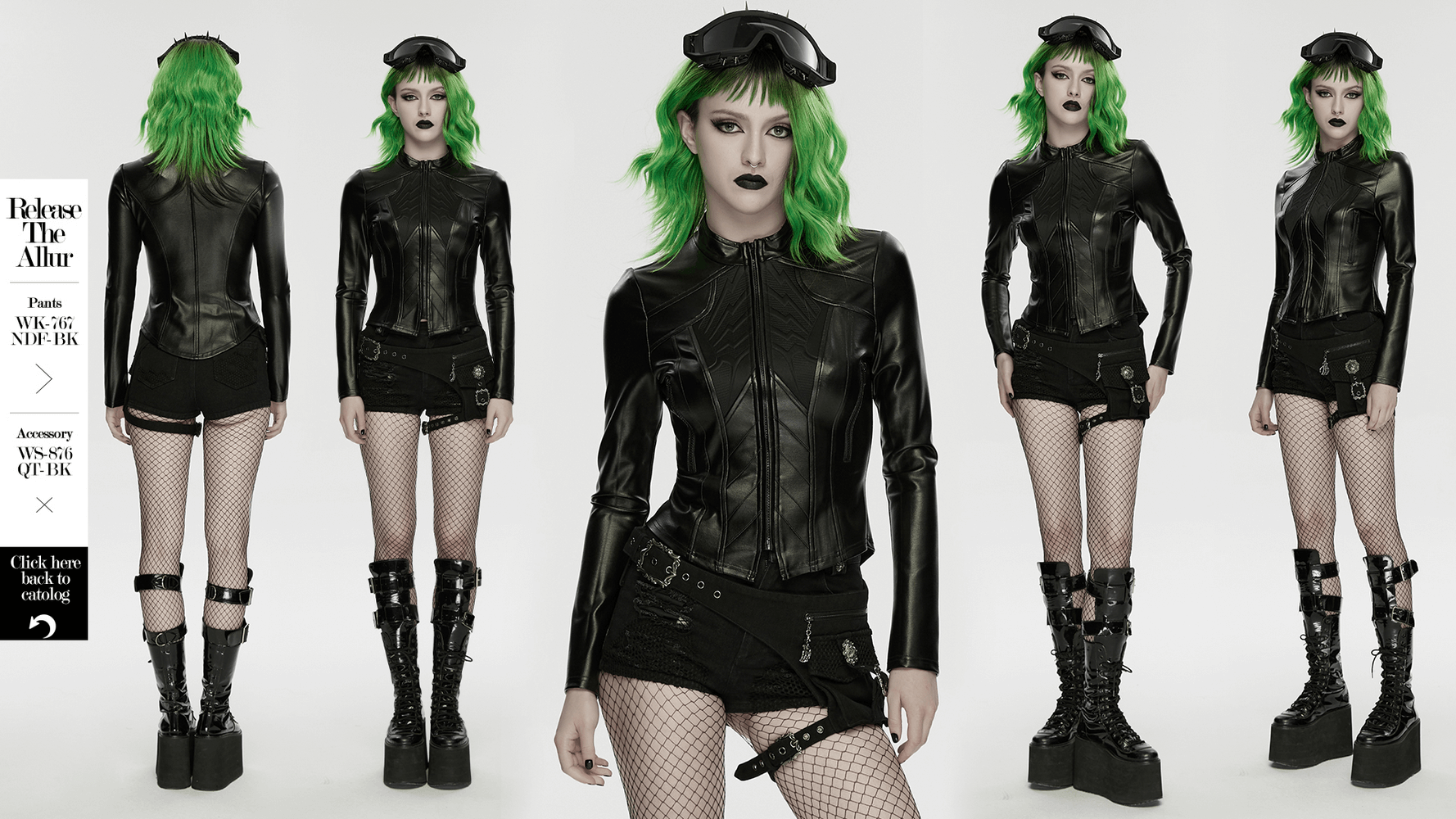 Women's Cyberpunk Rubberized Knit Moto Jacket showcased on a model with green hair, front and back views in a stylish setting.