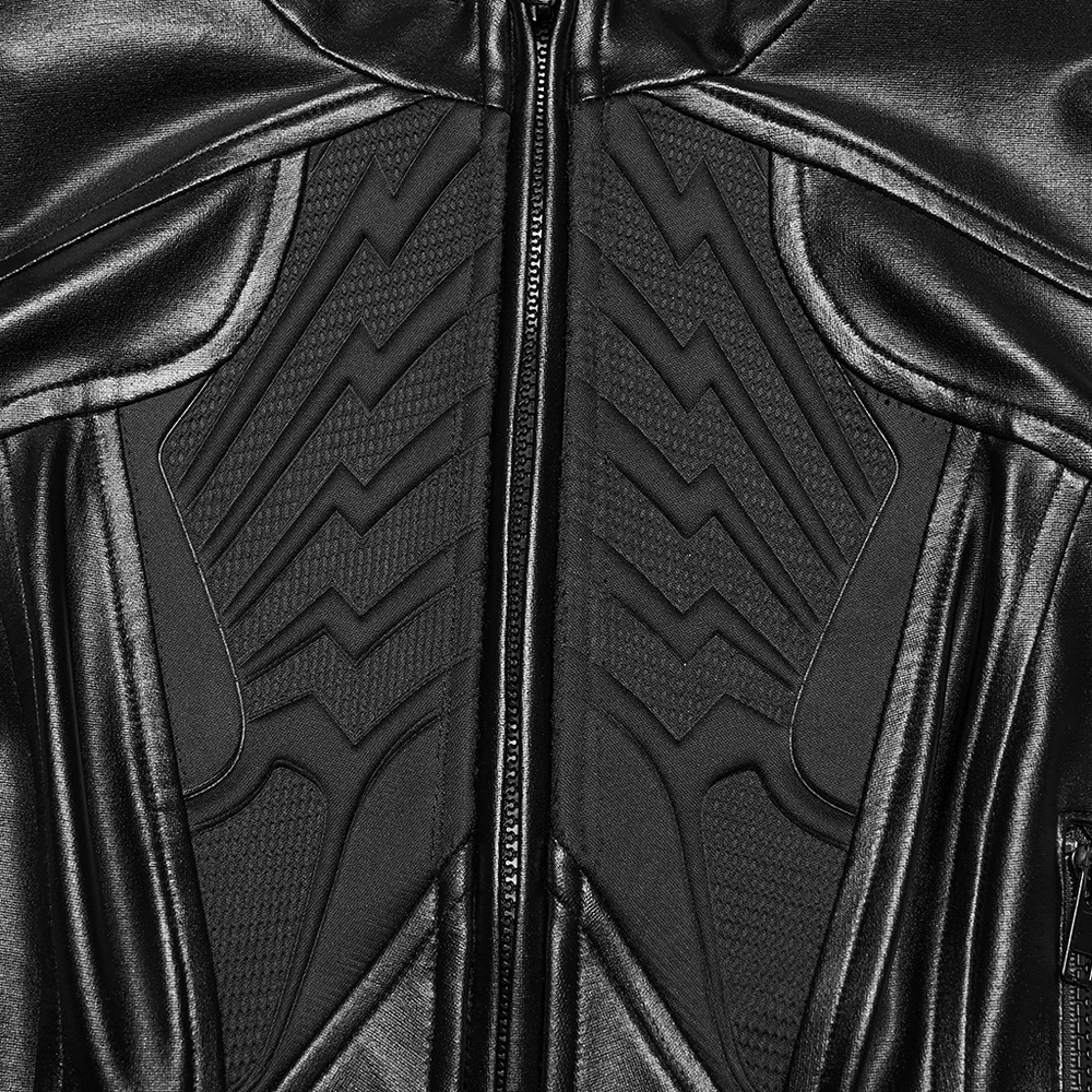 Close-up of Women's Cyberpunk Rubberized Knit Moto Jacket's textured chest panel detail.