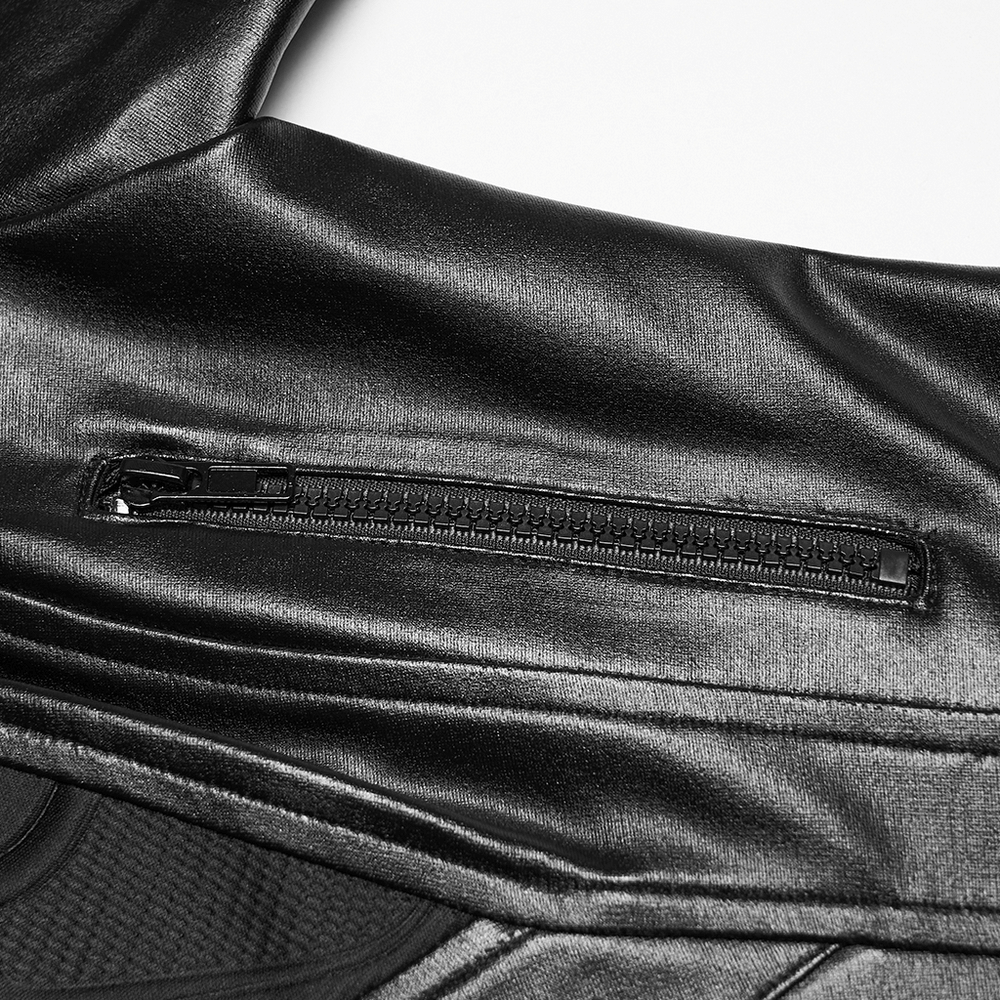 Detail view of Women's Cyberpunk Rubberized Knit Moto Jacket showing sleek zipper and rubberized texture.