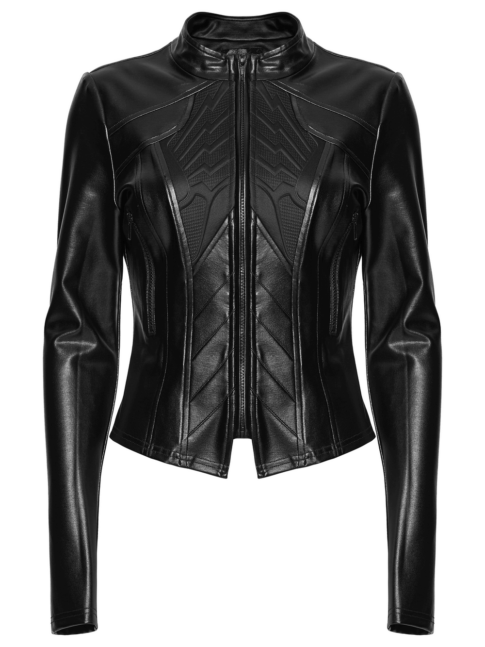 Women's Cyberpunk Rubberized Knit Moto Jacket front view with sleek black design and geometric bust panel.