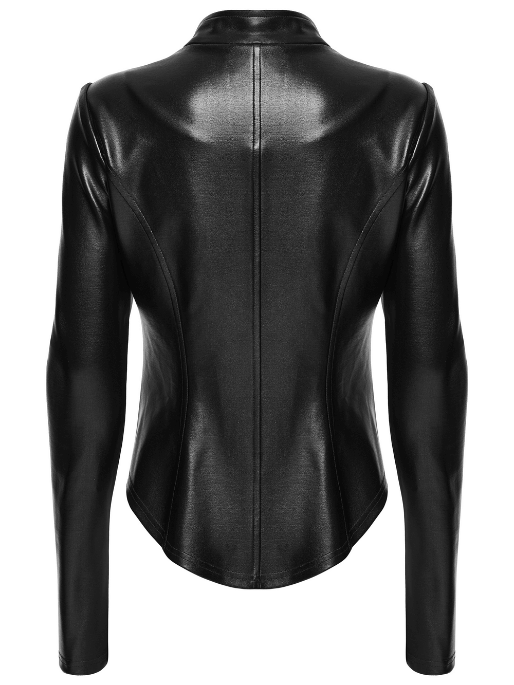 Back view of Women's Cyberpunk Rubberized Knit Moto Jacket showcasing its sleek and fitted design.