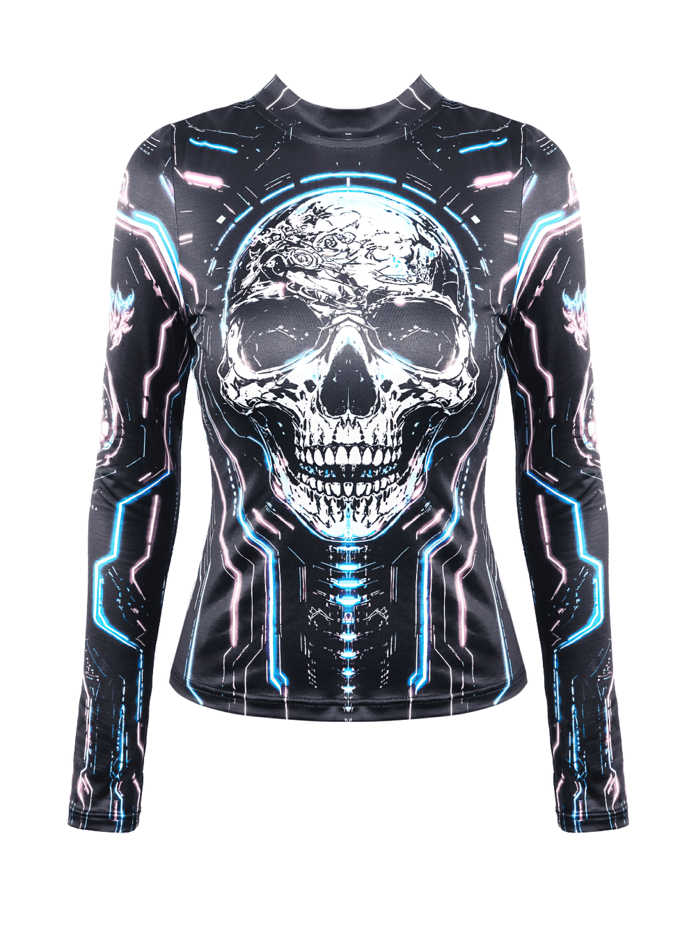 Women's Cyberpunk Skull Neon Graphic Long-Sleeved Top with black fitted techwear design, neon blue and pink skull print