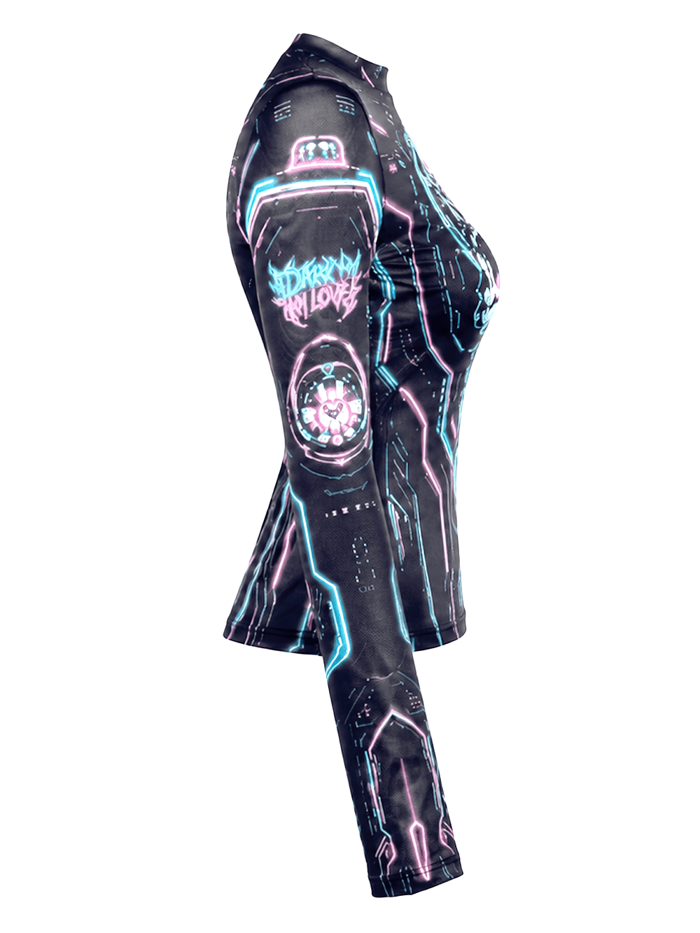 Women's Cyberpunk Skull Neon Graphic Long-Sleeved Top with black fitted techwear design, neon blue and pink digital skull print