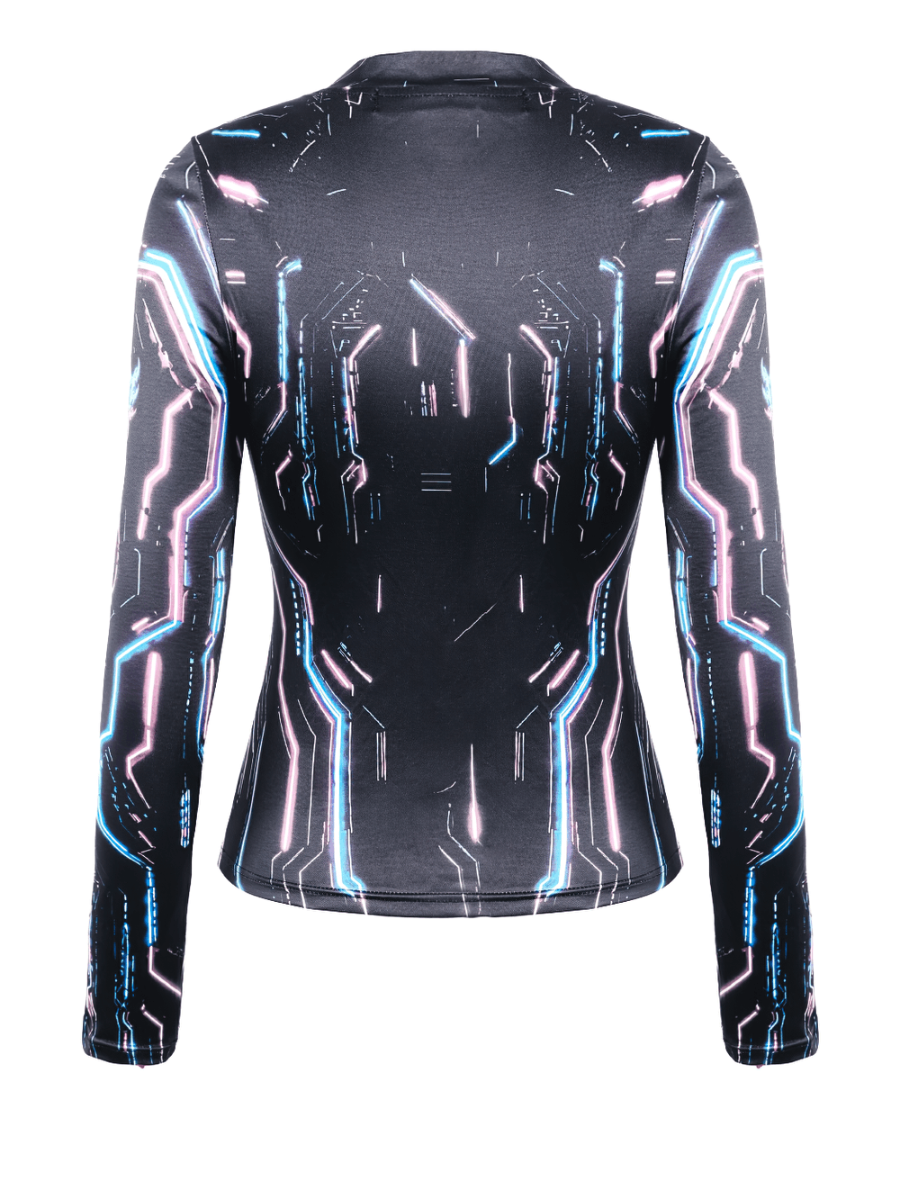 Women's Cyberpunk Skull Neon Graphic Long-Sleeved Top black fitted techwear shirt with neon blue and pink circuit print