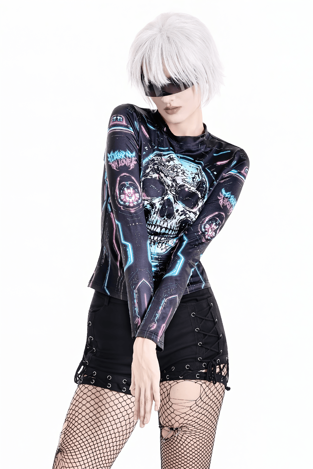 Women's Cyberpunk Skull Neon Graphic Long-Sleeved Top, black gothic techwear with neon blue pink skull print and mock neck