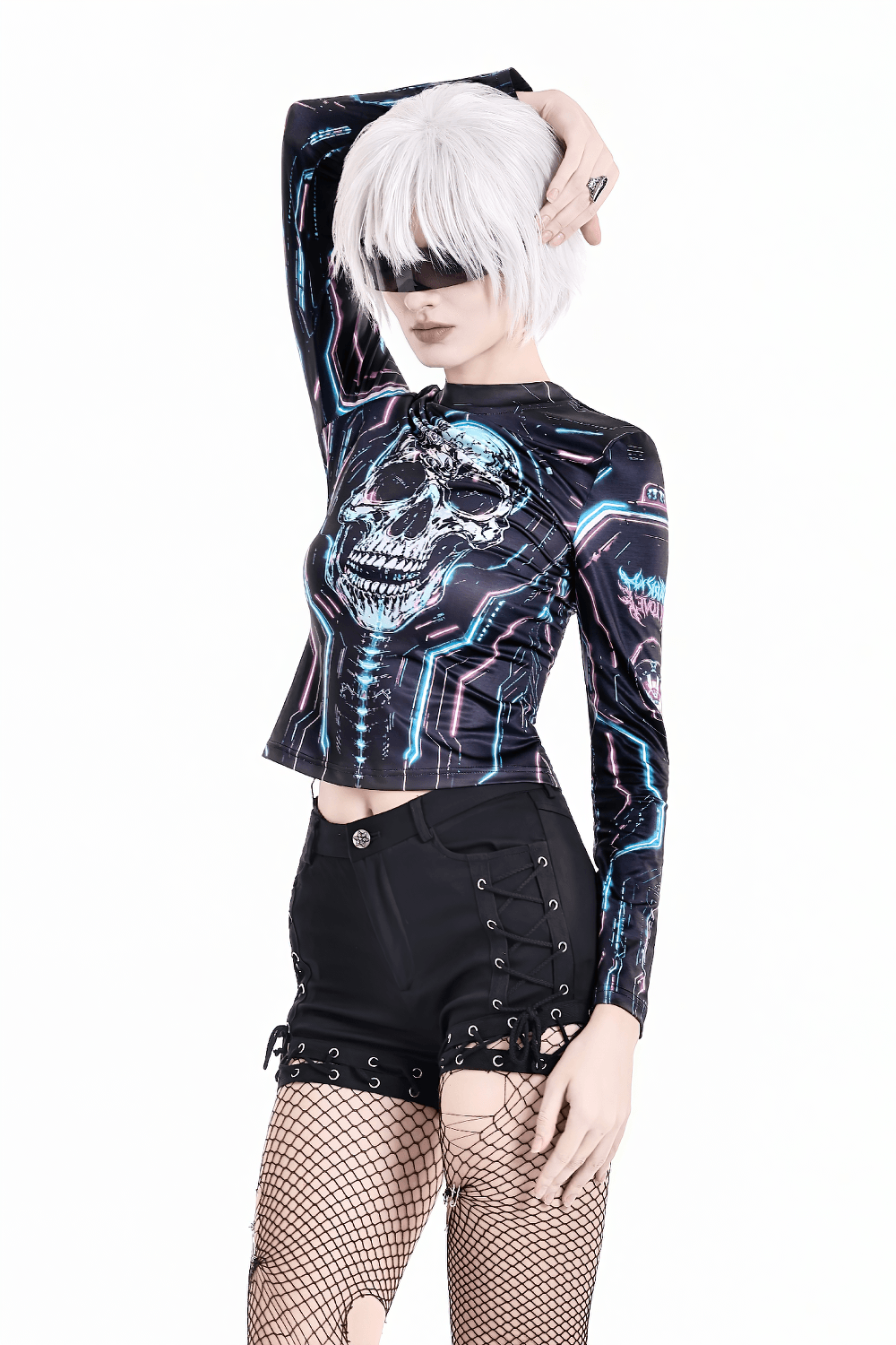 Women's Cyberpunk Skull Neon Graphic Long-Sleeved Top with neon skull print, fitted techwear style, and futuristic gothic vibe
