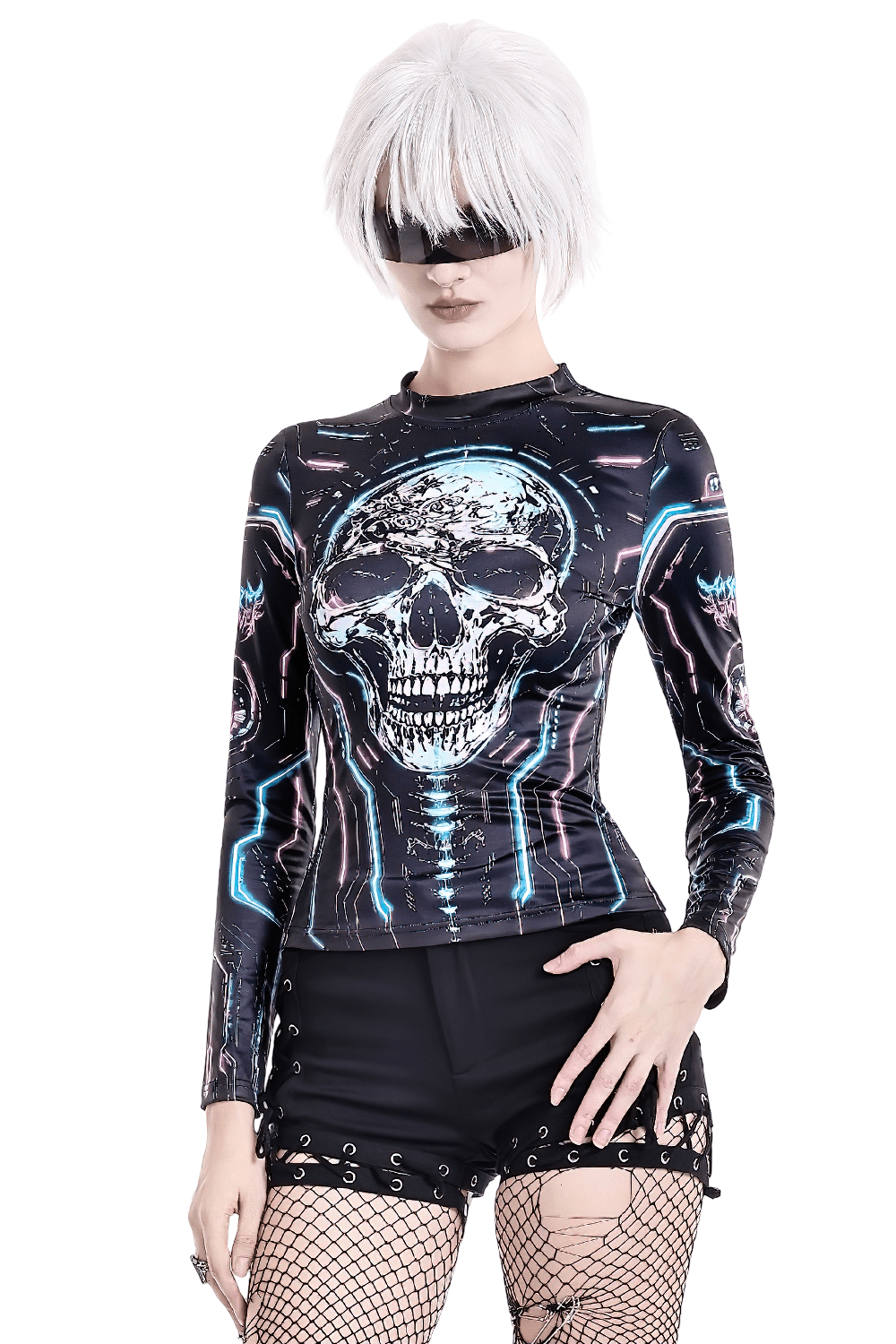Women's Cyberpunk Skull Neon Graphic Long-Sleeved Top features a glowing skull print, black techwear fit, and futuristic gothic vibes.