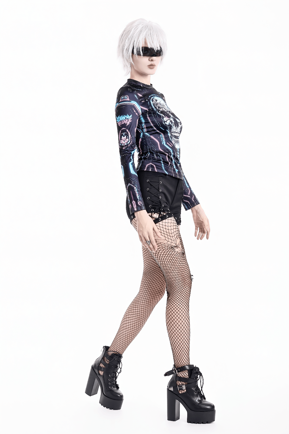 Women’s Cyberpunk Skull Neon Graphic Long-Sleeved Top, black techwear skull shirt with neon blue pink digital print