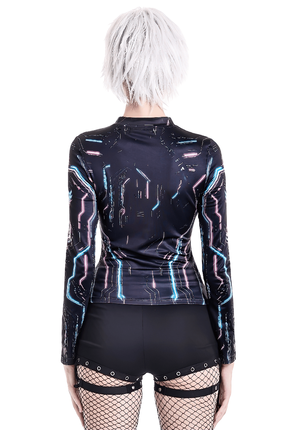Women's Cyberpunk Skull Neon Graphic Long-Sleeved Top with black fitted techwear, neon circuit print, and mock neck