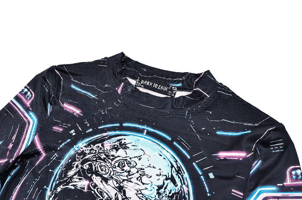 Women's Cyberpunk Skull Neon Graphic Long-Sleeved Top black techwear shirt with neon skull print and futuristic circuit details