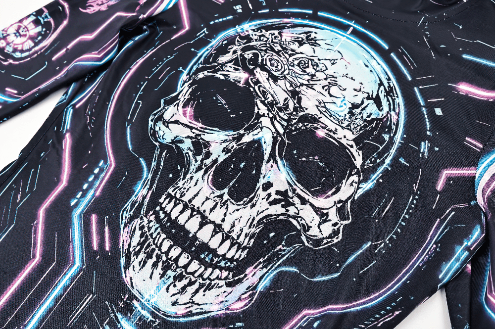 Women's Cyberpunk Skull Neon Graphic Long-Sleeved Top with black fitted fit, neon blue and pink skull print, and futuristic techwear vibe