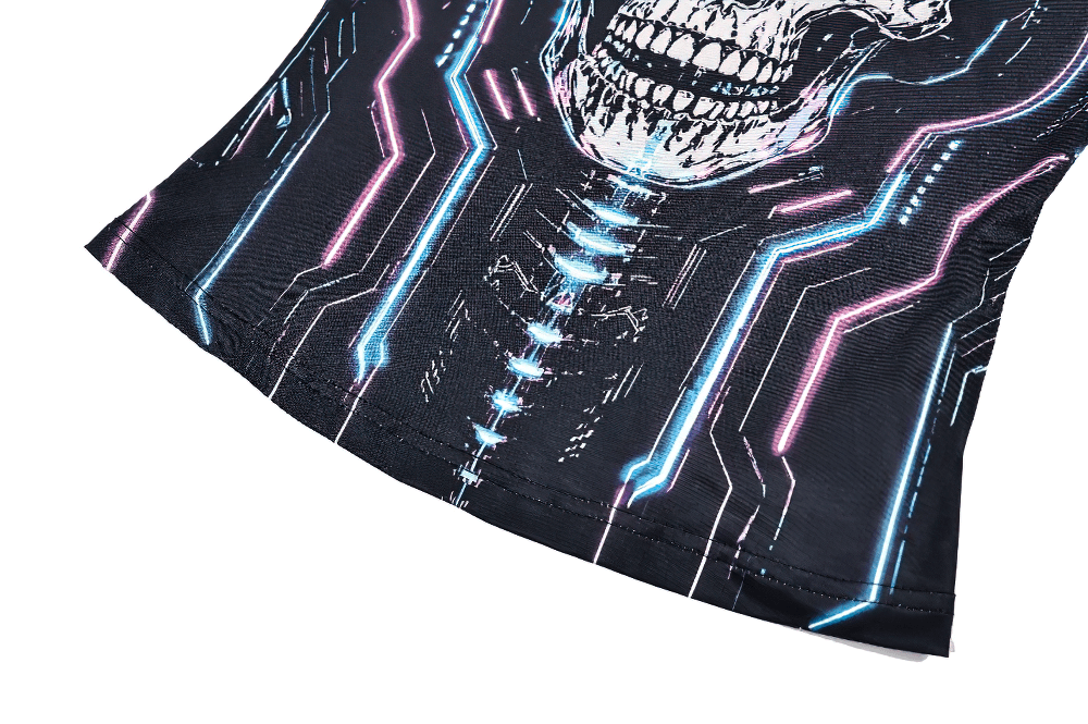 Women's Cyberpunk Skull Neon Graphic Long-Sleeved Top black techwear shirt with neon blue and pink skull circuit print