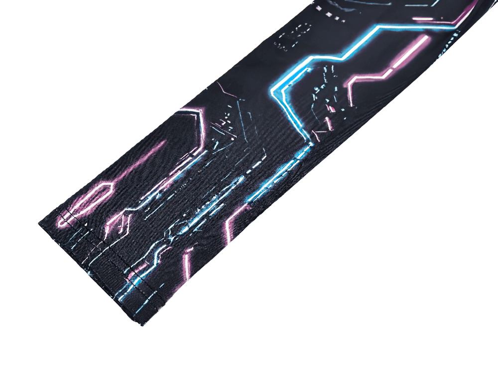 Women's Cyberpunk Skull Neon Graphic Long-Sleeved Top, black techwear sleeve with neon blue and pink circuit lines