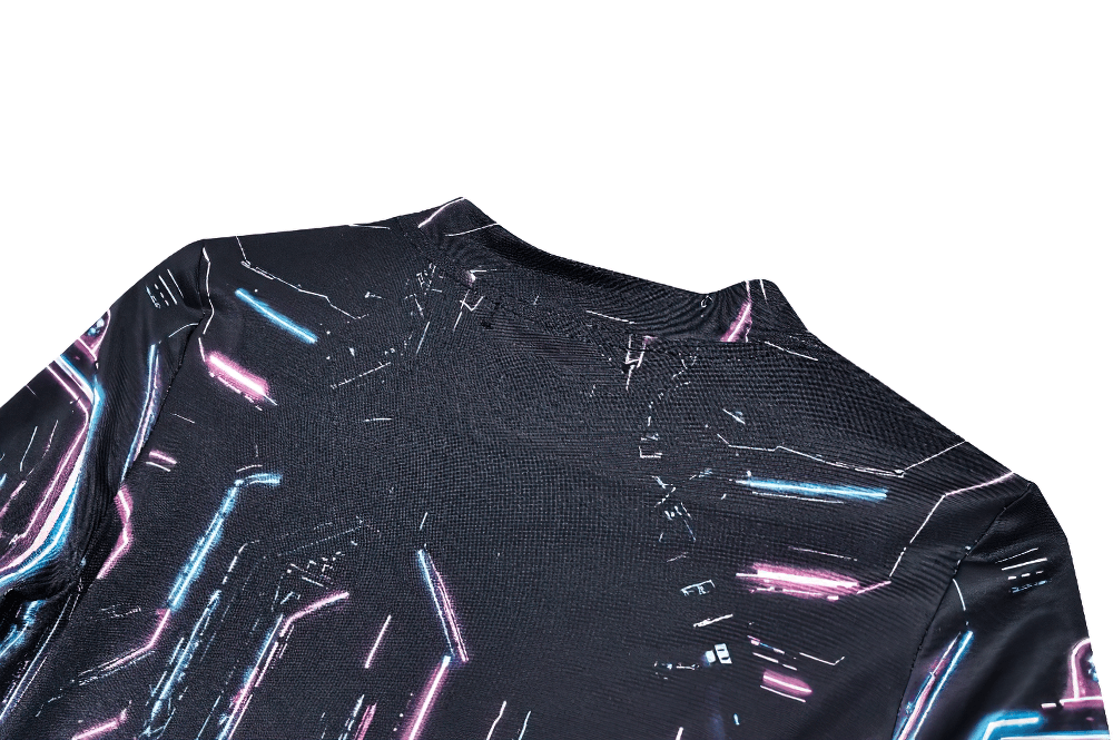Women's Cyberpunk Skull Neon Graphic Long-Sleeved Top black mock-neck with neon blue and pink circuit print