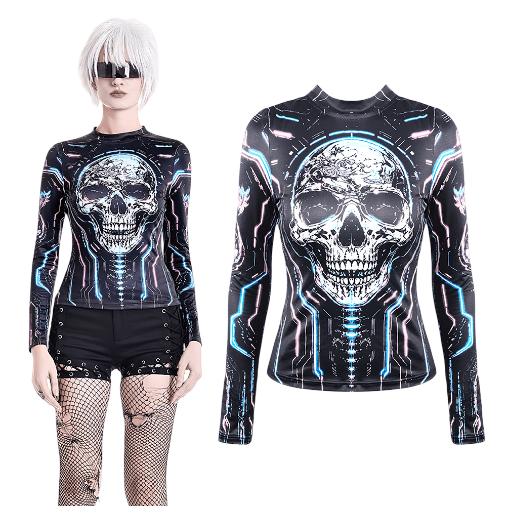 Women's Cyberpunk Skull Neon Graphic Long-Sleeved Top, black futuristic gothic techwear with neon skull print and mock neck