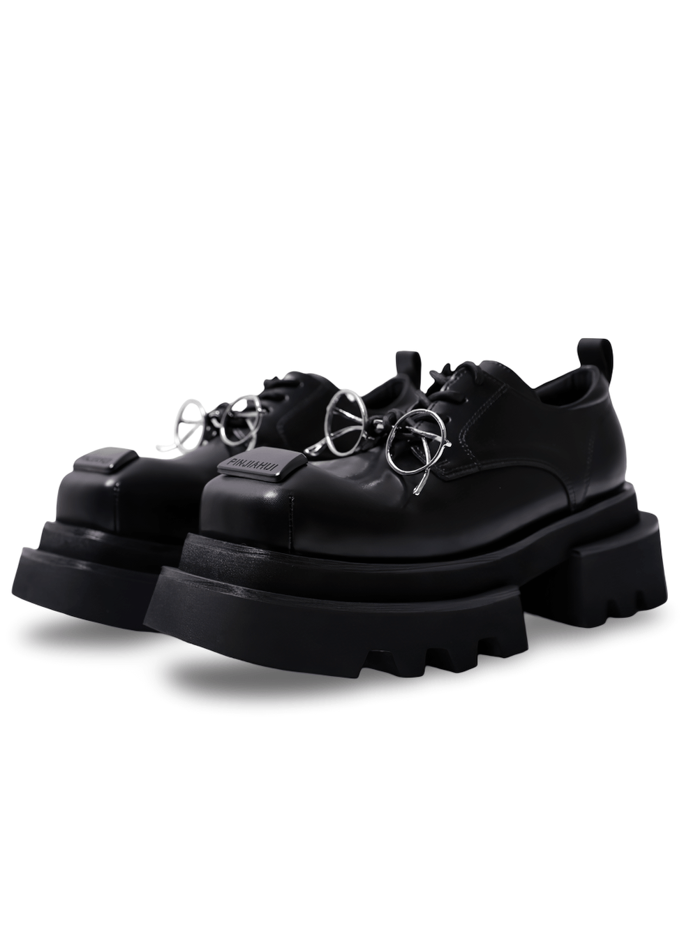 Women's Dark Derby Shoes with Novelty Silver Eyewear Charm chunky black platform lace-up oxfords