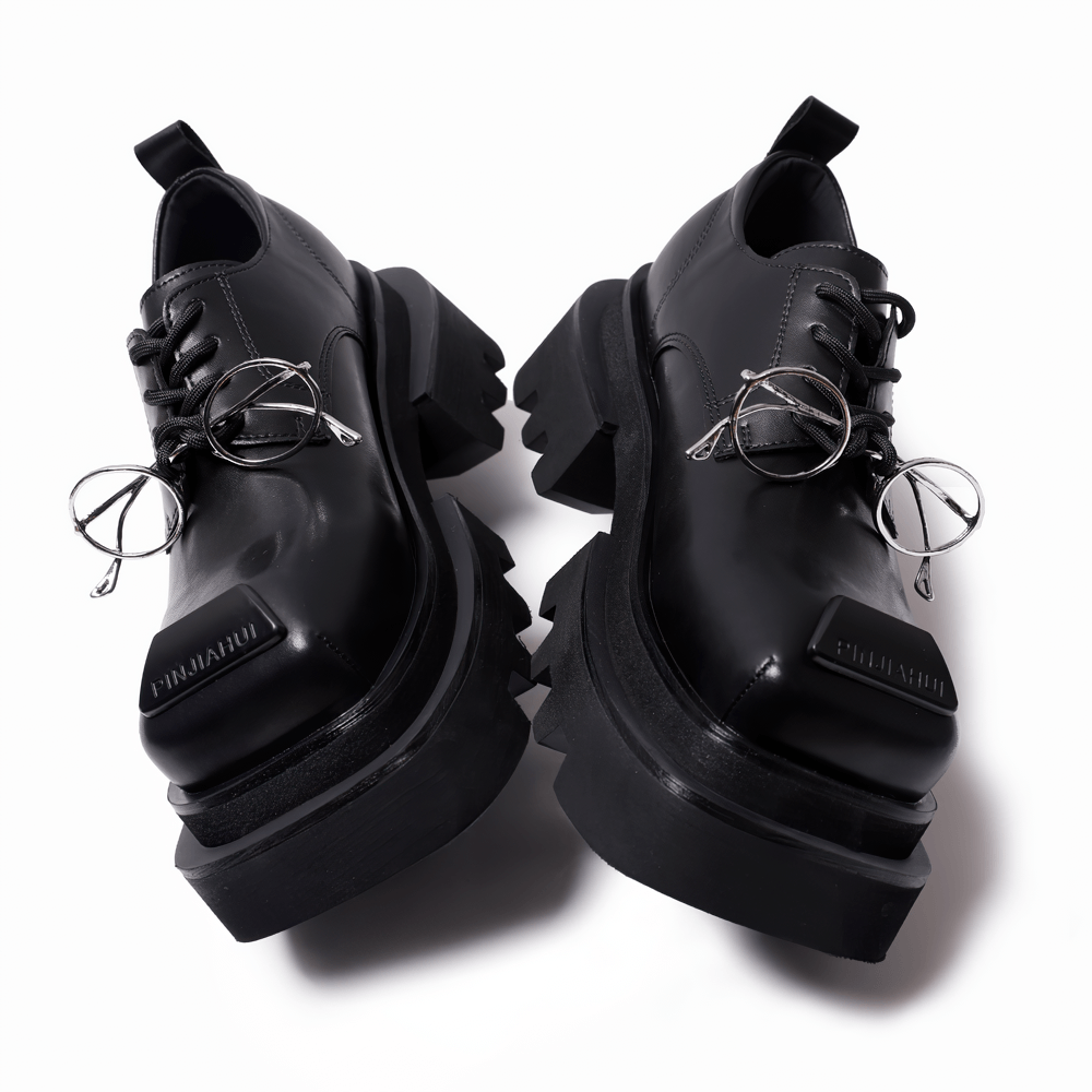 Women's Dark Derby Shoes with Novelty Silver Eyewear Charm black chunky punk lace-up Oxfords with square toe and platform sole