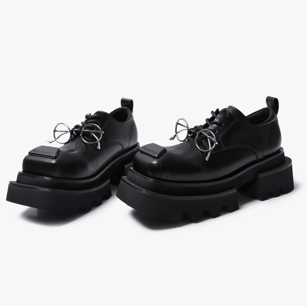 Women's Dark Derby Shoes with Novelty Silver Eyewear Charm, black chunky punk lace-up oxfords with square toe