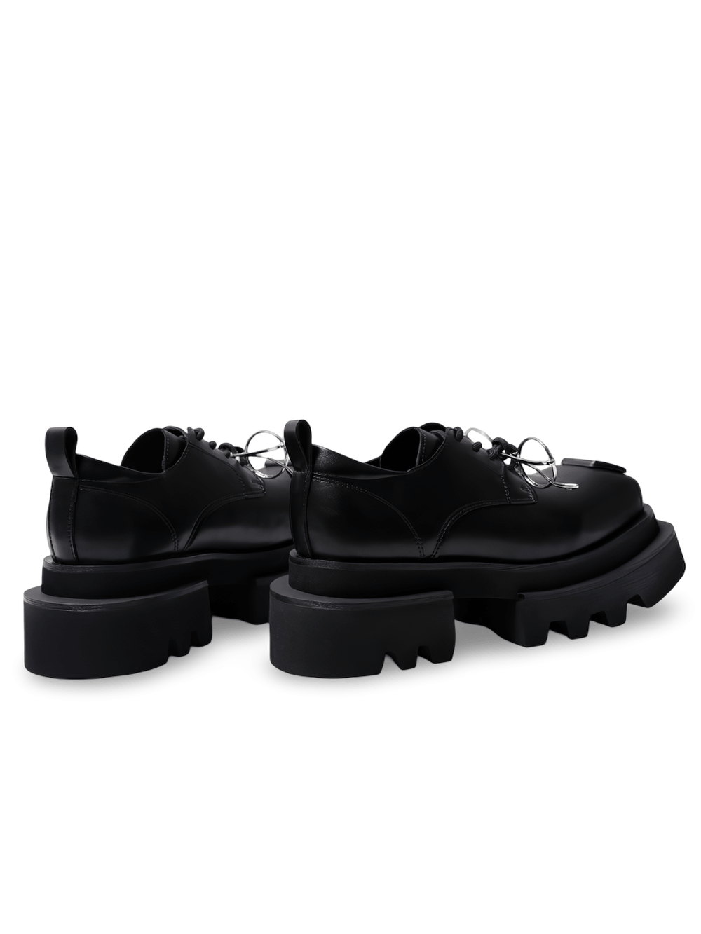 Women's Dark Derby Shoes with Novelty Silver Eyewear Charm, chunky black punk platform oxfords with square toe