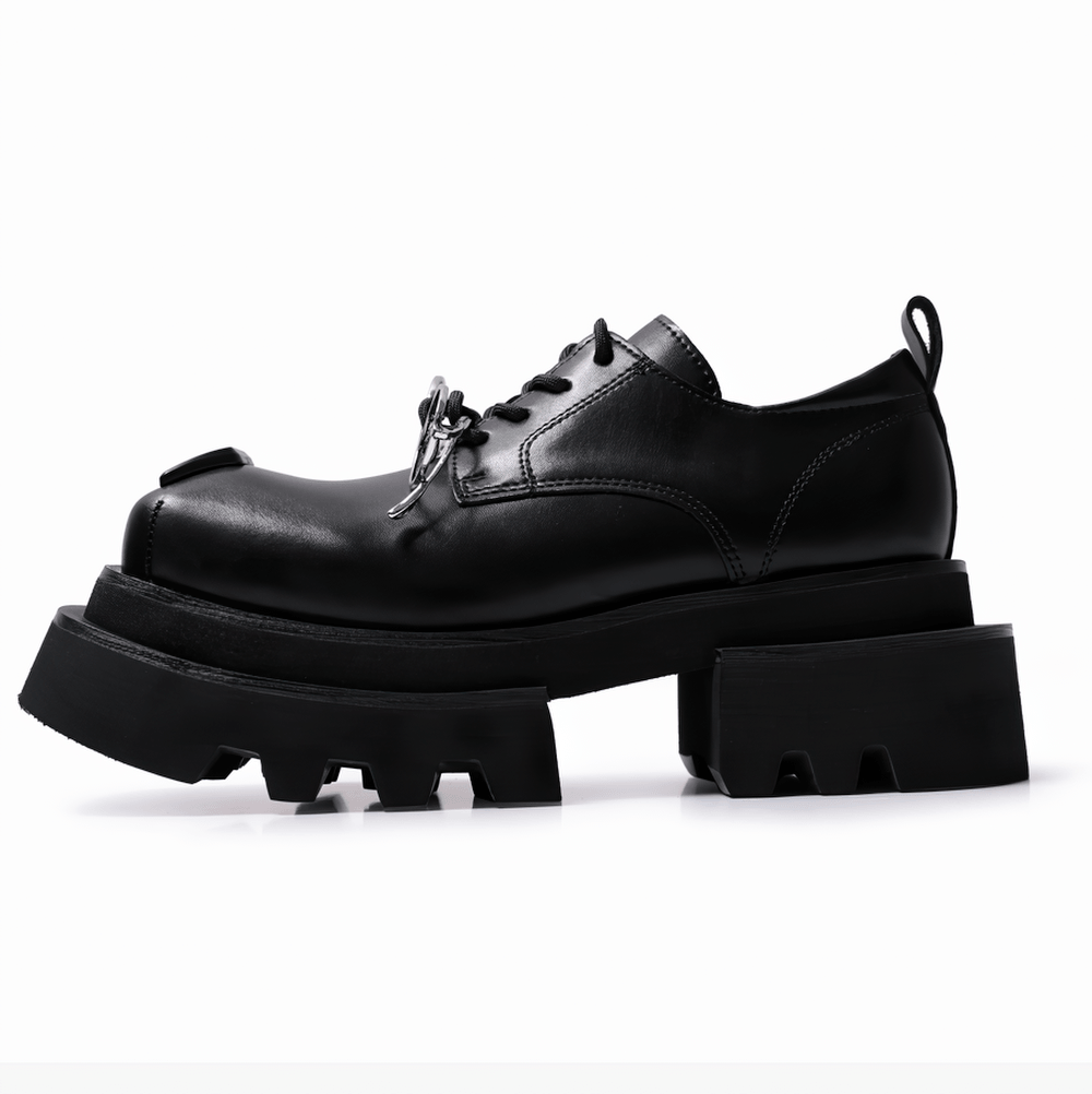 Women's Dark Derby Shoes with Novelty Silver Eyewear Charm black chunky platform oxfords with square toe