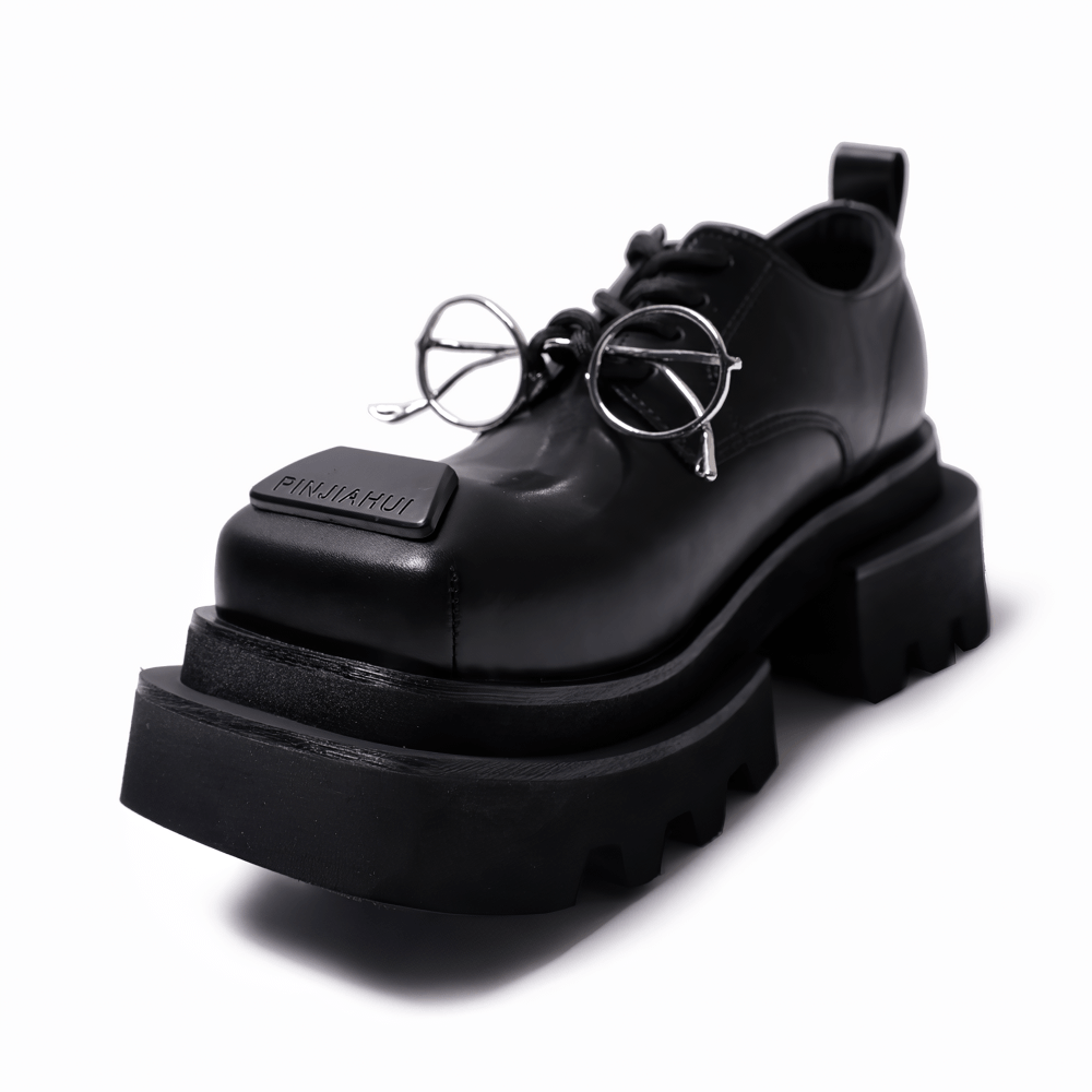 Women's Dark Derby Shoes with Novelty Silver Eyewear Charm, chunky black punk lace-up oxfords with square toe and platform sole