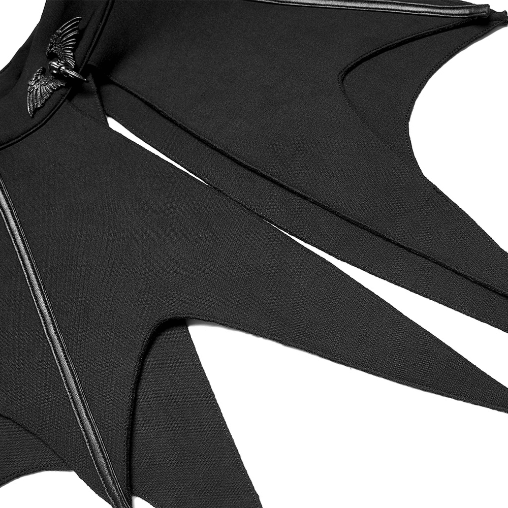Close-up of Women's Dark Gothic Bat Cape showcasing dramatic bat wings and detachable bird-head pin.