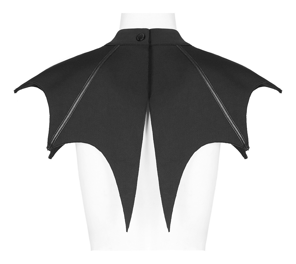 Back view of a women's dark gothic bat cape with pointed hems and adjustable button closure.