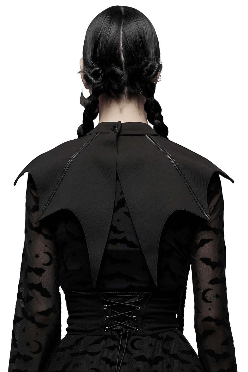Back view of women's dark gothic bat wings cape showcasing the unique bat wing design and adjustable collar.