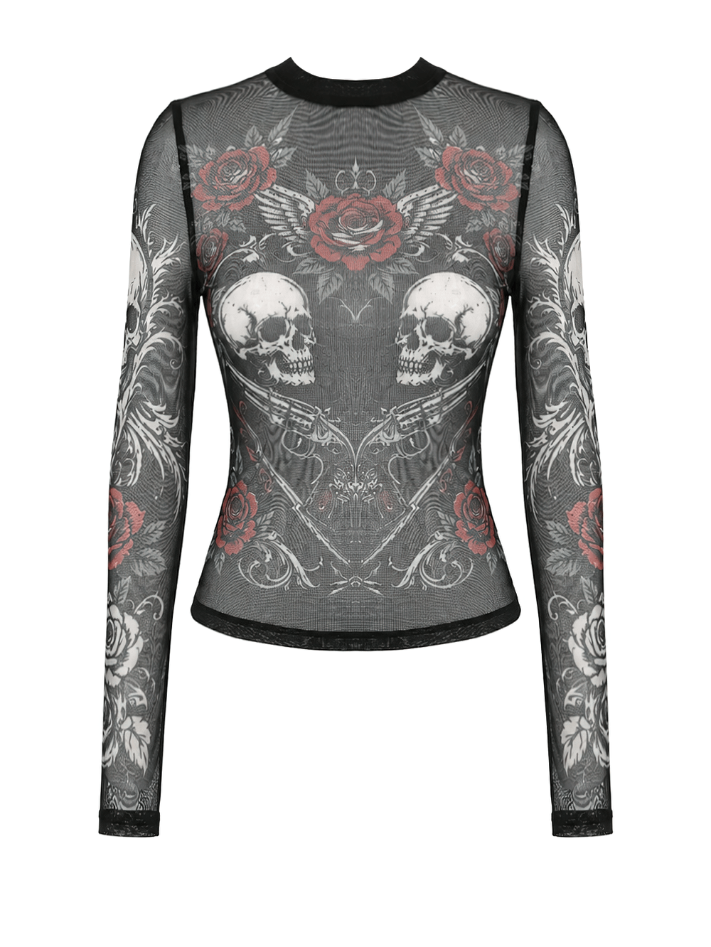 Women's Dark Romantic Wing Print Tattoo Mesh Top with skulls, red roses and gothic wing print