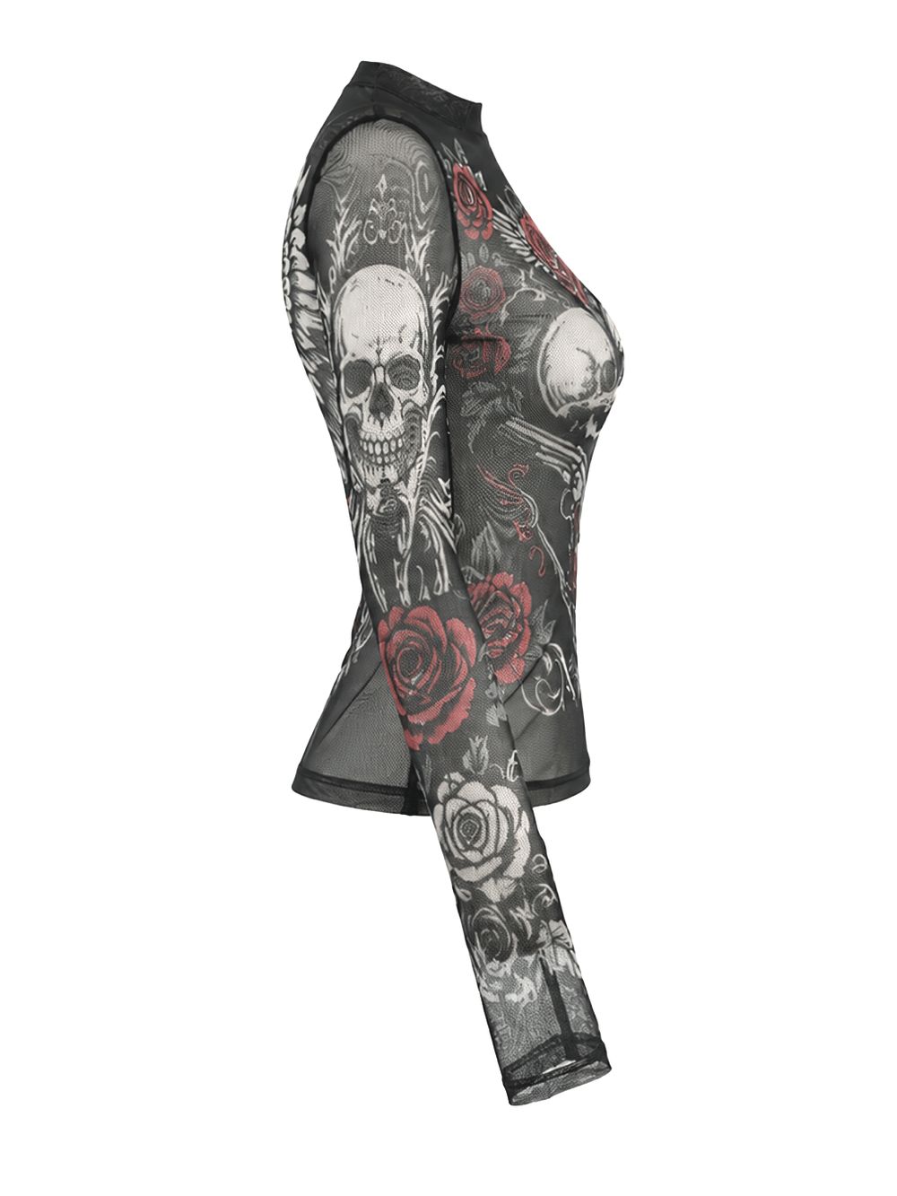Women's Dark Romantic Wing Print Tattoo Mesh Top with skulls, roses and gothic tattoo-inspired sheer sleeves