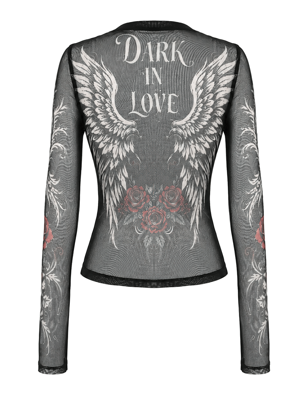 Women's Dark Romantic Wing Print Tattoo Mesh Top with Dark in Love wings, skull roses and gothic sheer long sleeves