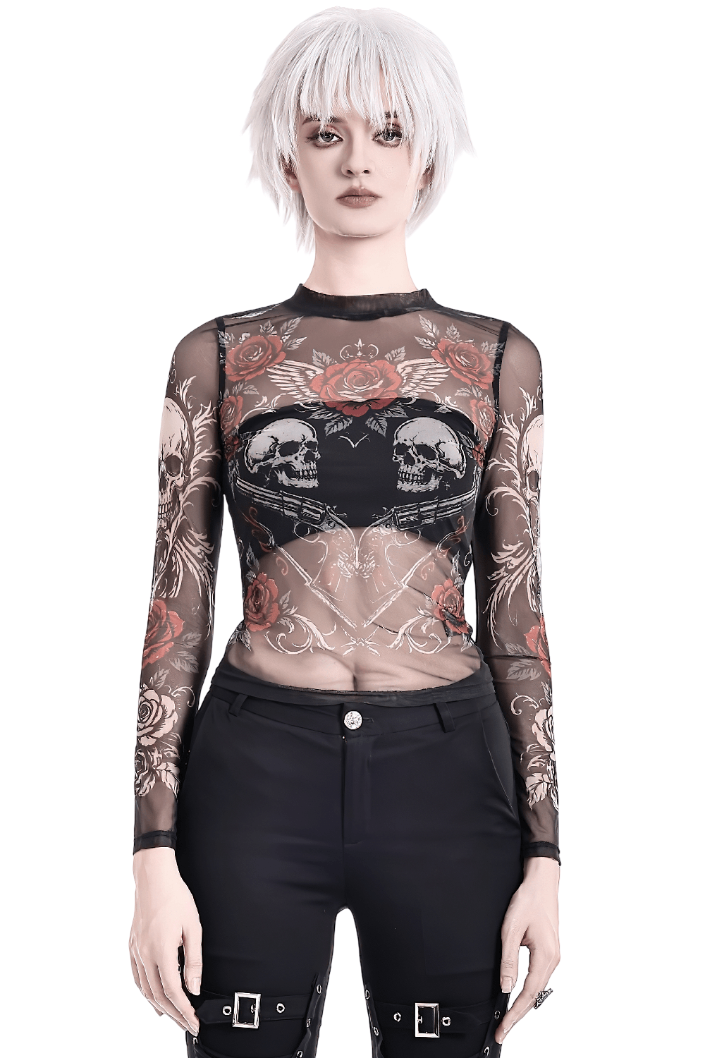 Women's Dark Romantic Wing Print Tattoo Mesh Top sheer gothic skull rose long sleeve top with angel wings and dark love vibe