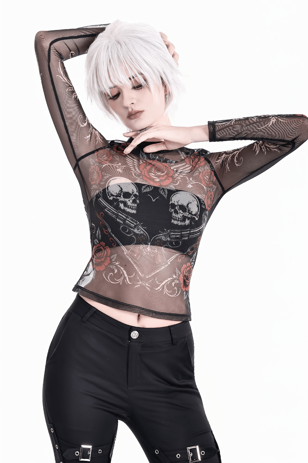 Women's Dark Romantic Wing Print Tattoo Mesh Top black sheer gothic skull rose mesh top with tattoo-inspired print